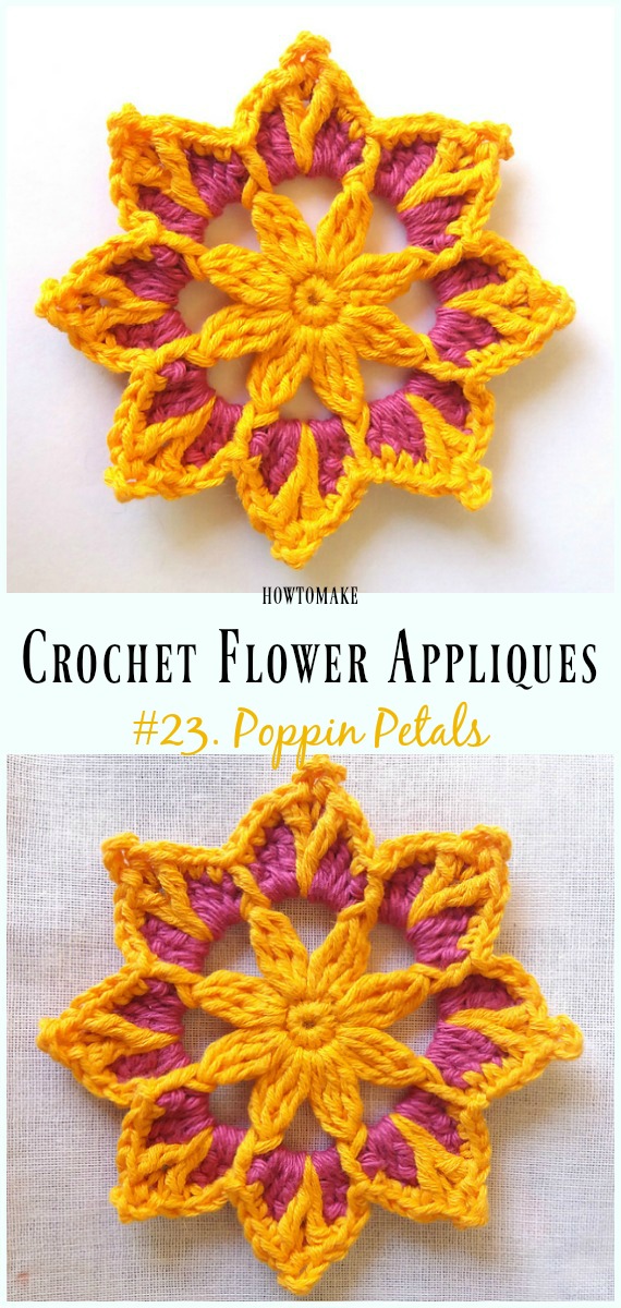 Poppin Petals Flower Free Crochet Pattern -Easy #Crochet #Flower Appliques Free Patterns