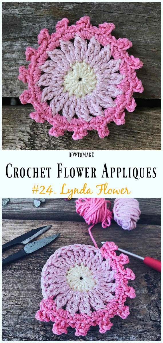 Lynda Flower Free Crochet Pattern -Easy #Crochet #Flower Appliques Free Patterns