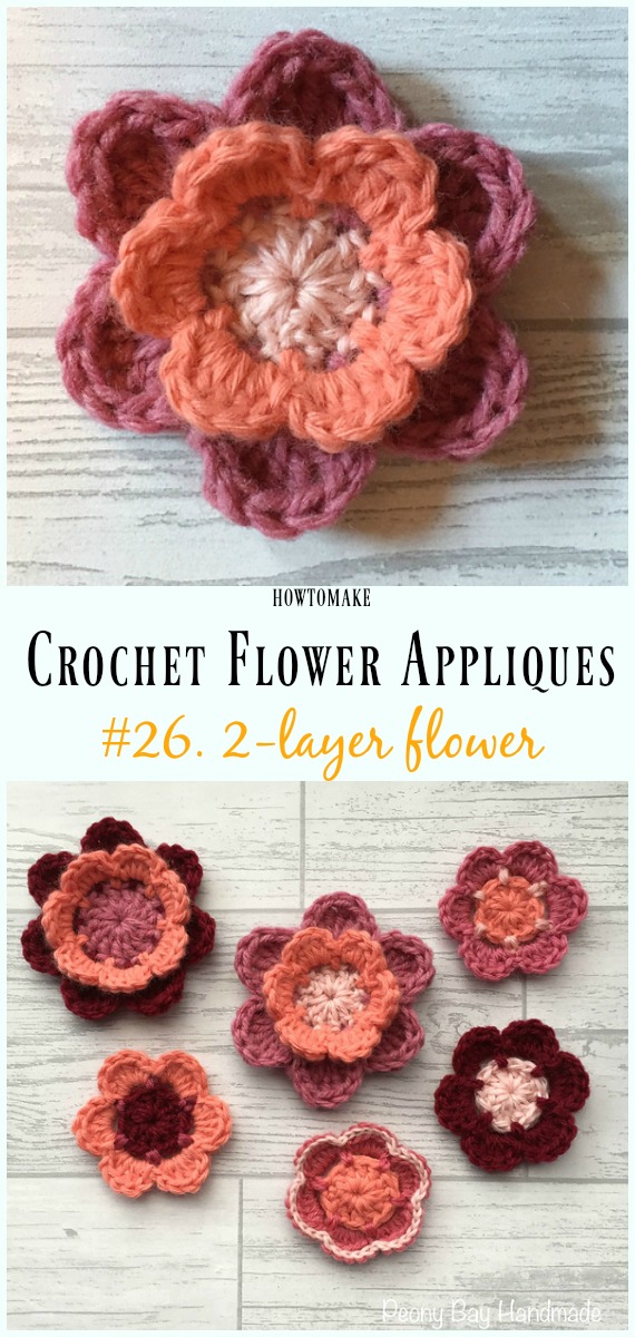 2-layer Flower Free Crochet Pattern -Easy #Crochet #Flower Appliques Free Patterns
