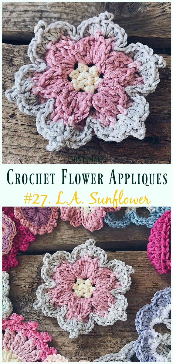 The L.A. Sunflower Free Crochet Pattern -Easy #Crochet #Flower Appliques Free Patterns