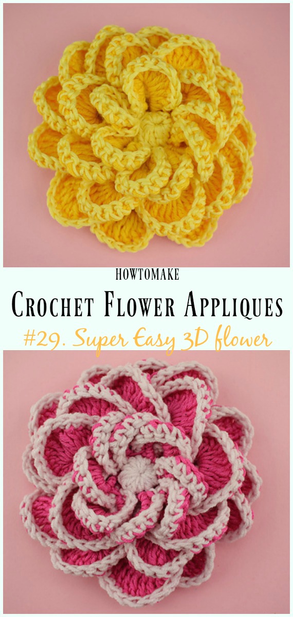 Super Easy 3D Flower Free Crochet Pattern -Easy #Crochet #Flower Appliques Free Patterns