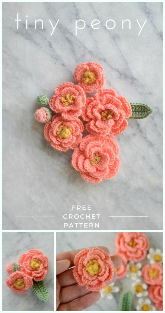 Tiny Peony Flower Free Crochet Pattern -Easy #Crochet #Flower Appliques Free Patterns