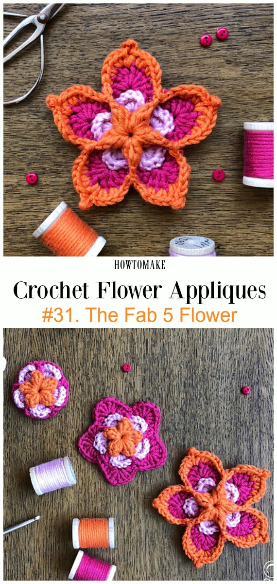 The Fab 5 Flower Free Crochet Pattern -Easy #Crochet #Flower Appliques Free Patterns