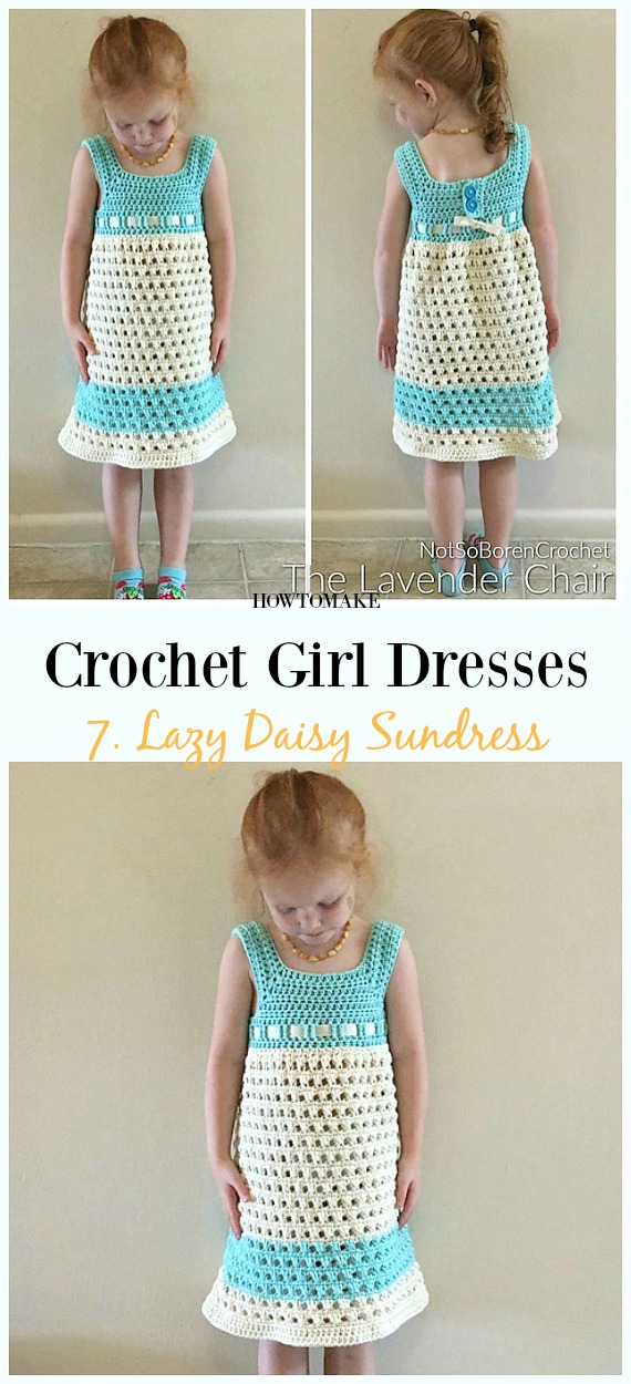 Crochet Lazy Daisy Sundress Free Pattern - Girl #Dress Free #Crochet Patterns
