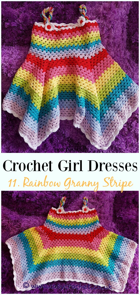 Crochet Rainbow Granny Stripe Summer Dress Free Pattern - Girl #Dress Free #Crochet Patterns