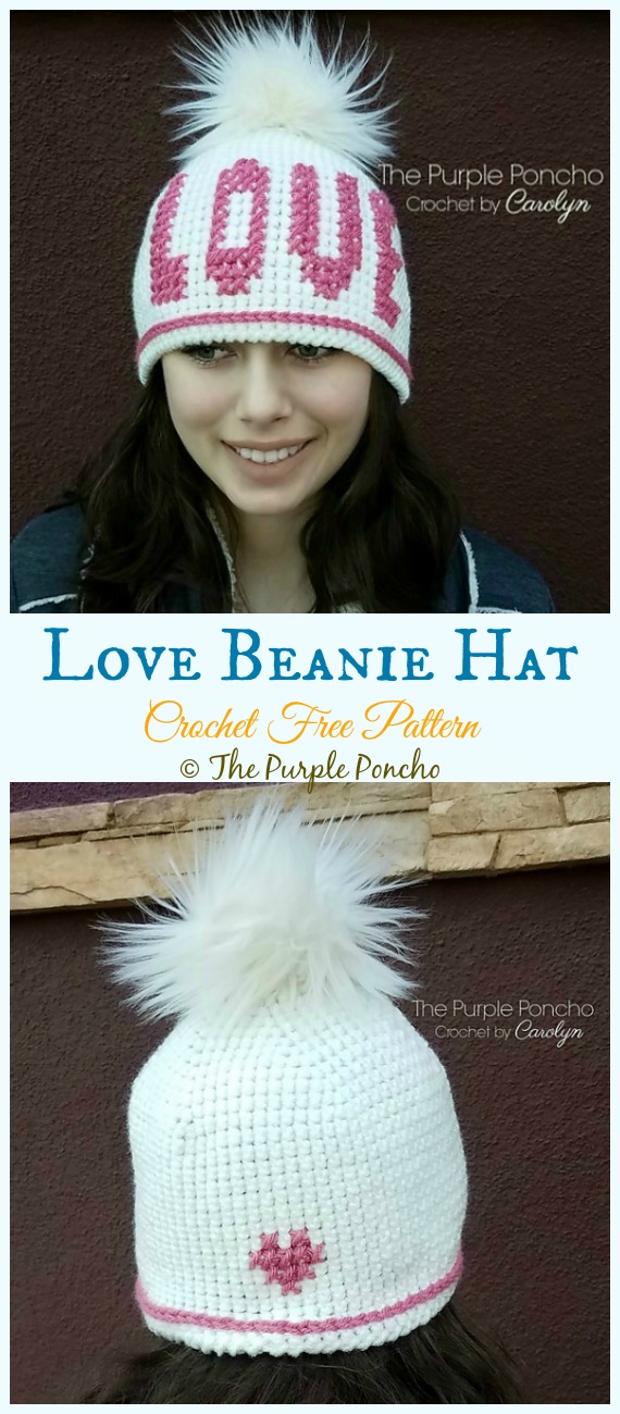 Love Beanie Hat Crochet Free Pattern - #Valentine; Heart Beanie #Hat; Free #Crochet; Patterns