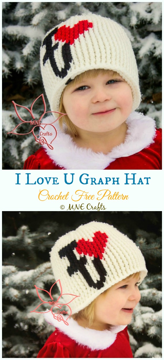 I Love U Graph Hat Crochet Free Pattern - #Valentine; Heart Beanie #Hat; Free #Crochet; Patterns