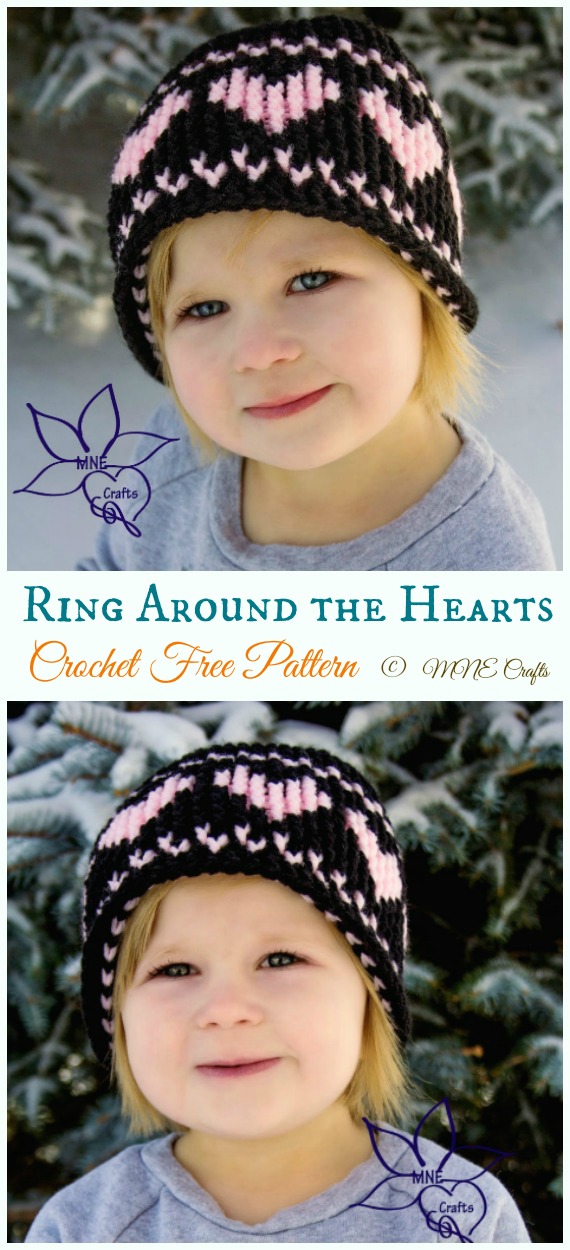 Ring Around the Hearts Graph Hat Crochet Free Pattern - #Valentine; Heart Beanie #Hat; Free #Crochet; Patterns