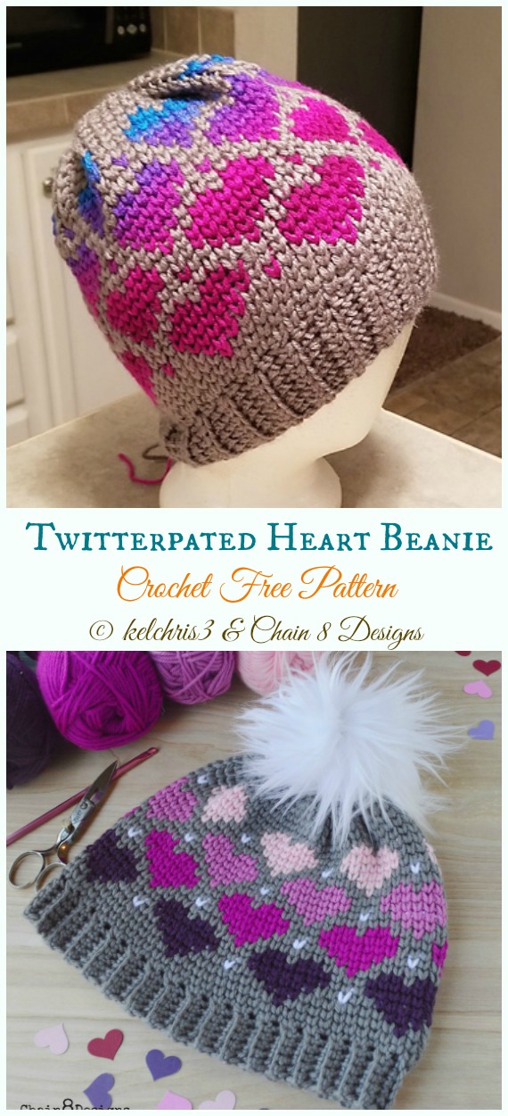 Twitterpated Heart Beanie Hat Crochet Free Pattern - #Valentine; Heart Beanie #Hat; Free #Crochet; Patterns