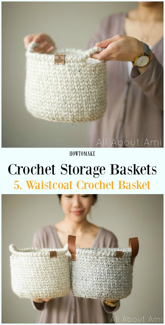 Waistcoat Crochet Basket Free Pattern - Storage #Basket; Free #Crochet; Patterns