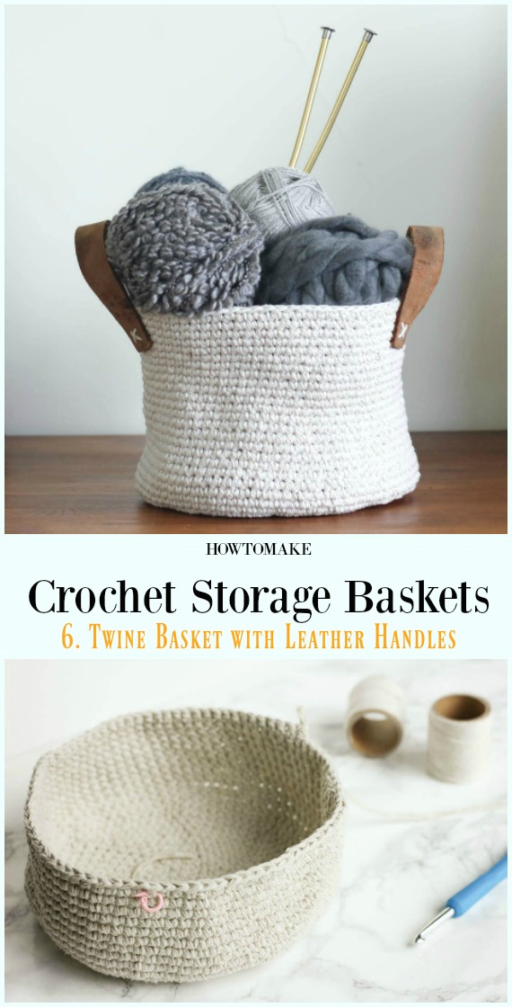 Crochet Twine Basket with Leather Handles Free Pattern - Storage #Basket; Free #Crochet; Patterns