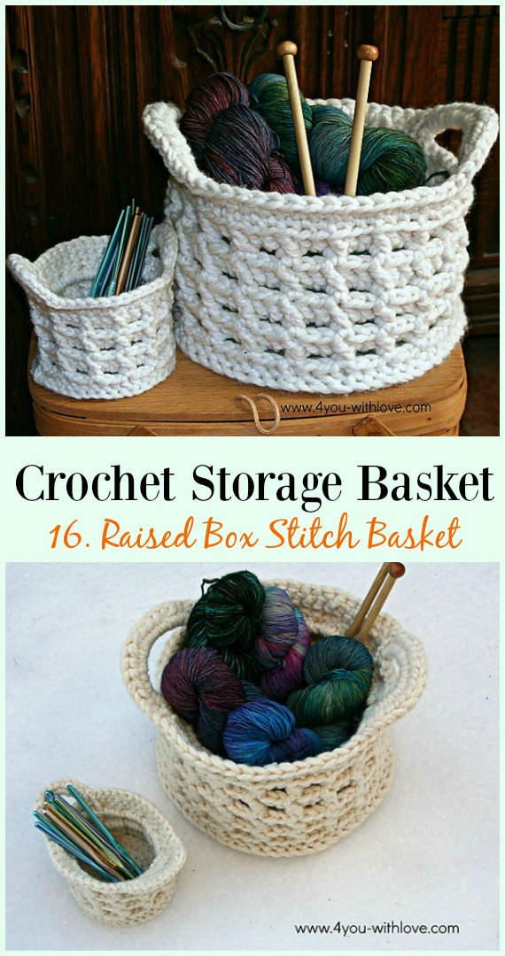 Large Raised Box Stitch Basket Crochet Free Pattern - Storage #Basket; Free #Crochet; Patterns