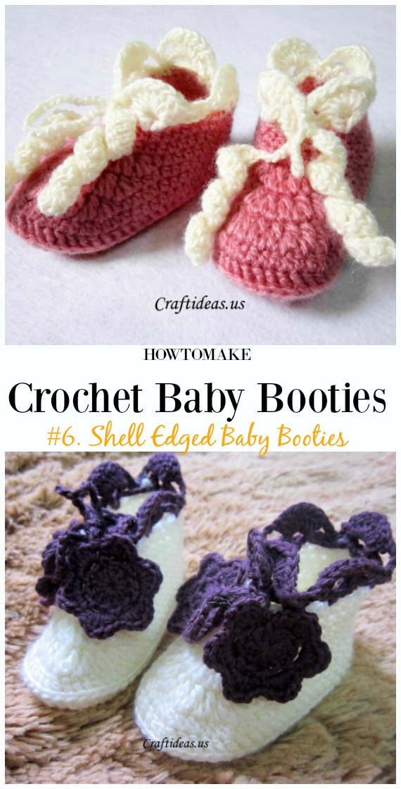 Crochet Shell Edged Baby Booties Free Pattern - Baby #Booties; Free #Crochet; Patterns