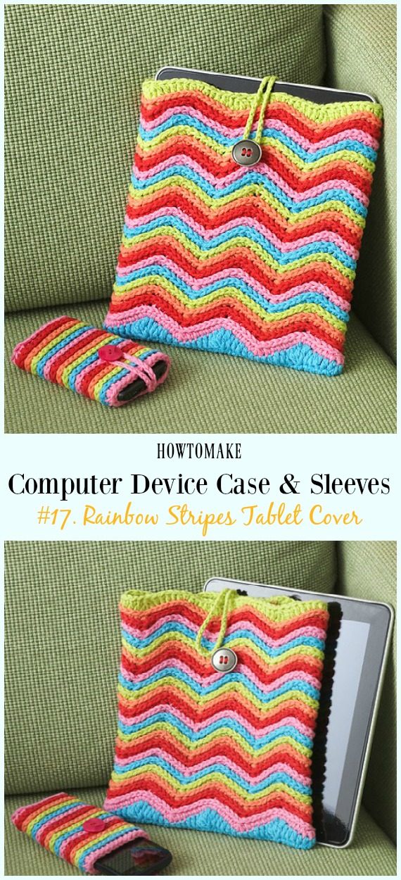 Rainbow Stripes Tablet Cover Free Crochet Pattern - #Crochet Computer #Device Case Cozy Sleeves Free Patterns