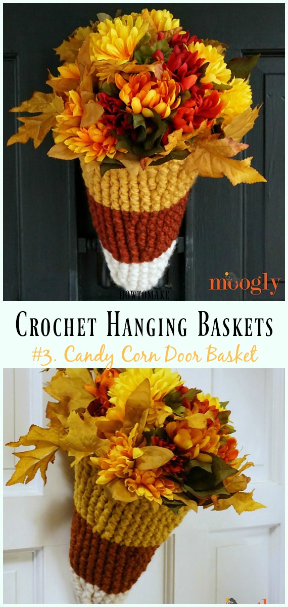 Crochet Candy Corn Door Basket Free Pattern- Hanging #Basket; Free #Crochet; Patterns