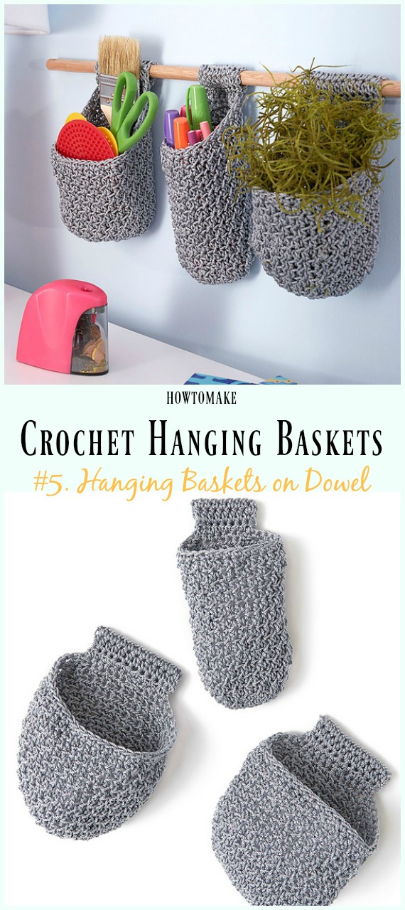 Crochet Hanging Baskets on Dowel Free Pattern- Hanging #Basket; Free #Crochet; Patterns