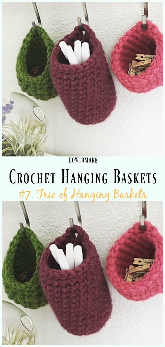 Crochet Trio of Hanging Baskets Free Pattern- Hanging #Basket; Free #Crochet; Patterns