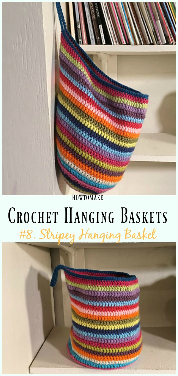 Crochet Stripey Hanging Basket Free Pattern- Hanging #Basket; Free #Crochet; Patterns