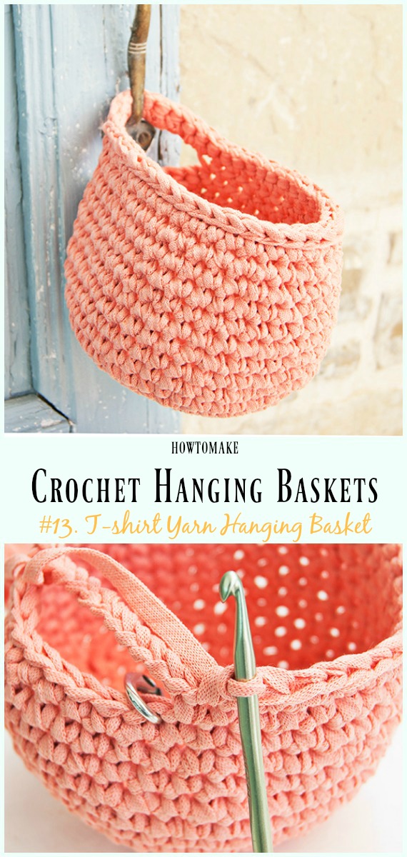 Crochet T-shirt Yarn Hanging Basket Free Pattern- Hanging #Basket; Free #Crochet; Patterns