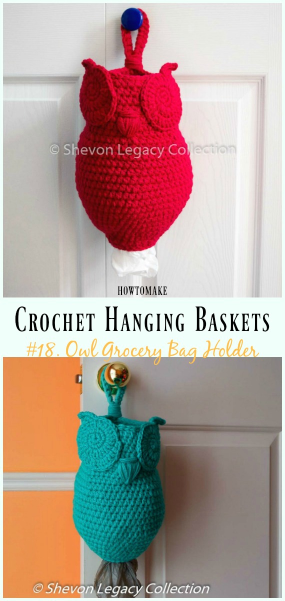 Owl Plastic Grocery Bag Holder Crochet Pattern- Hanging #Basket; #Crochet; Patterns