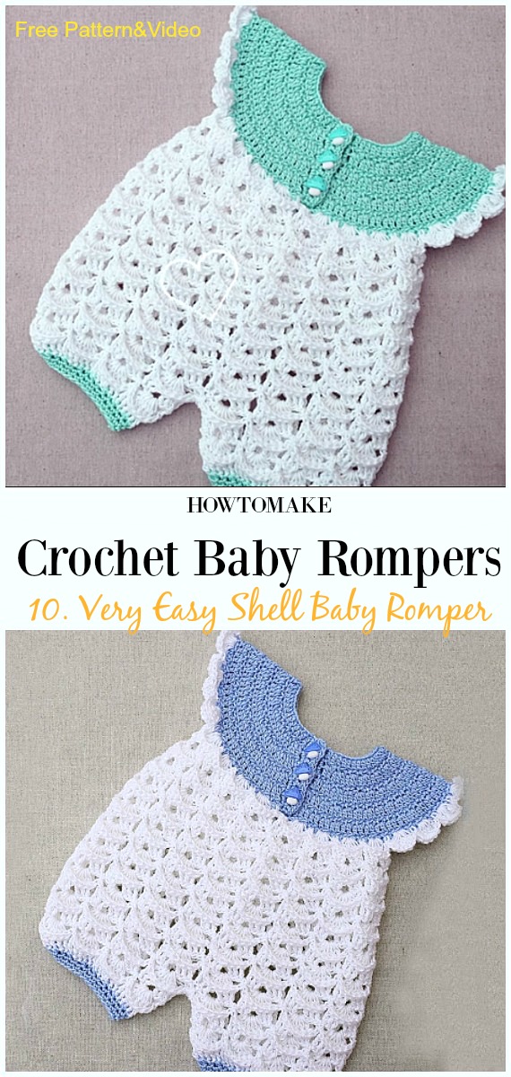 Very Easy Shell Baby Romper Free Crochet Pattern&Video - Baby #Romper #Crochet Patterns