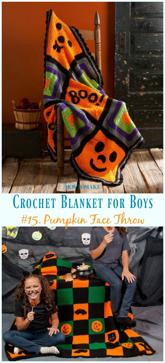 Pumpkin Face Throw Blanket Free Crochet Pattern- #Crochet; #Blanket; Free Patterns For Boys