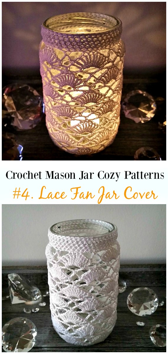 Crochet Lace Fan Jar Cover Free Pattern- #Crochet #MasonJar Cozy Free Patterns