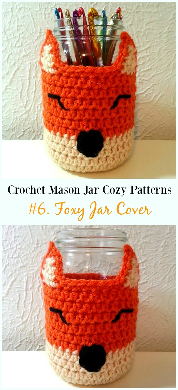 Crochet Foxy Jar Cover Free Pattern- #Crochet #MasonJar Cozy Free Patterns