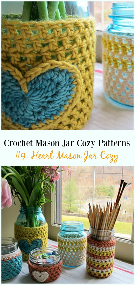Crochet Heart Mason Jar Cozy Free Pattern- #Crochet #MasonJar Cozy Free Patterns