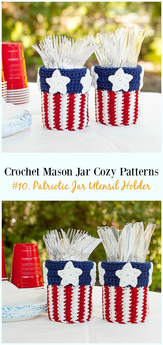 Patriotic Mason Jar Utensil Holder Crochet Free Pattern- #Crochet #MasonJar Cozy Free Patterns