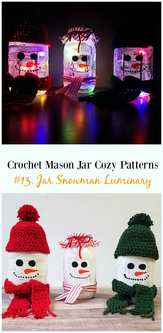 Crochet Mason Jar Snowman Luminary Free Pattern- #Crochet #MasonJar Cozy Free Patterns