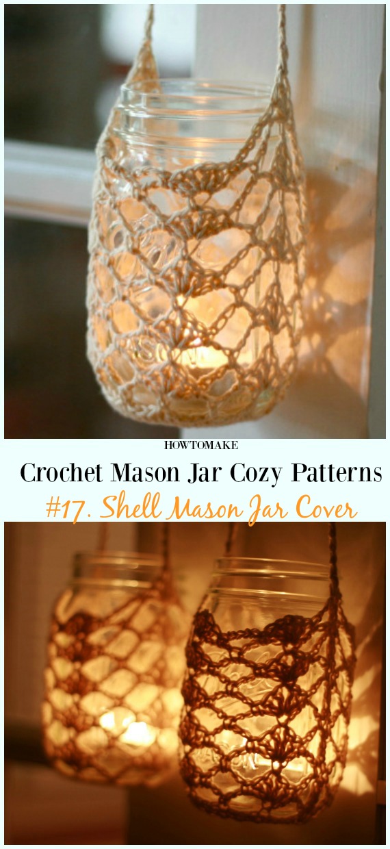 Shell Mason Jar Cover Crochet Free Pattern- #Crochet #MasonJar Cozy Free Patterns