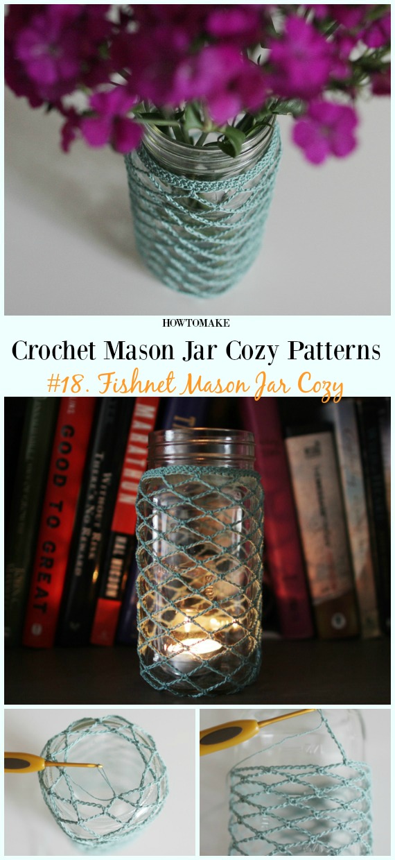 Fishnet Mason Jar Cozy Crochet Free Pattern- #Crochet #MasonJar Cozy Free Patterns