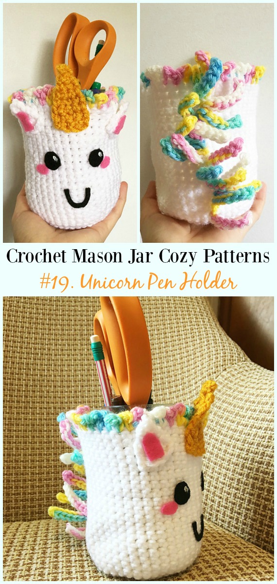 Unicorn Pen Holder Crochet Free Pattern- #Crochet #MasonJar Cozy Free Patterns