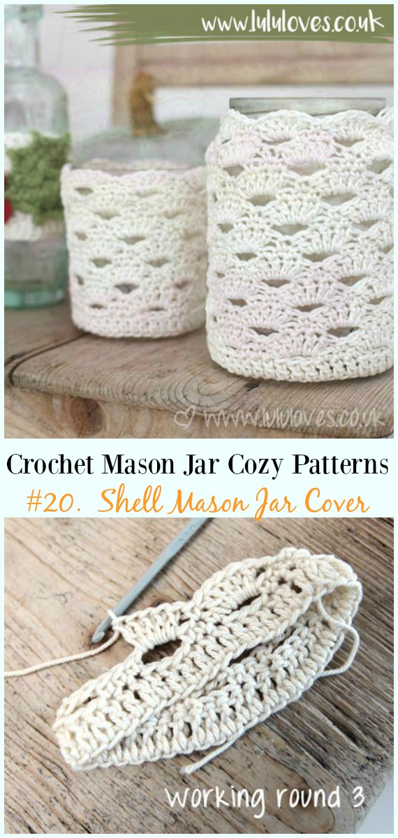 Shell Tealight Jar Cozy Crochet Free Pattern- #Crochet #MasonJar Cozy Free Patterns