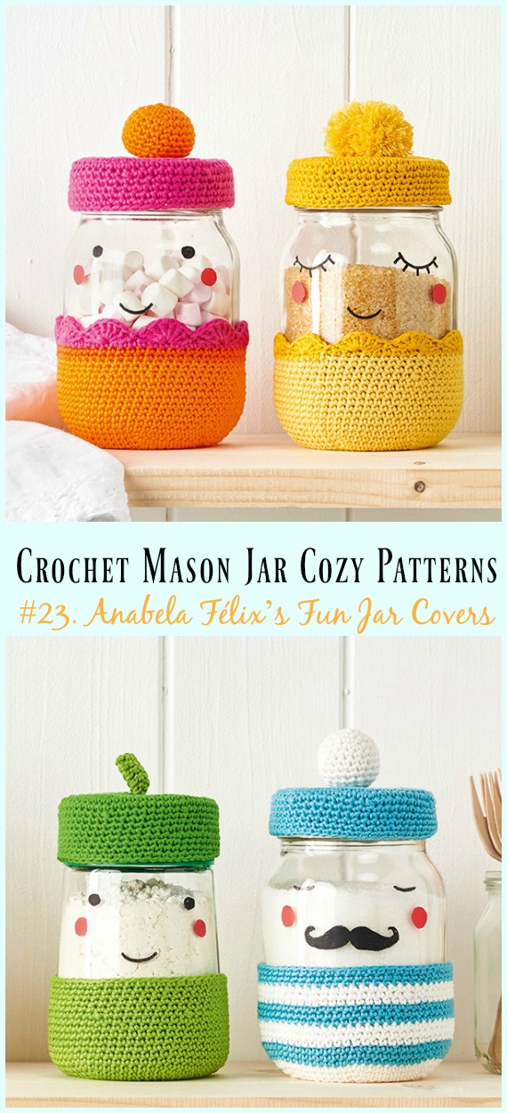 Anabela Félix’s Fun Jar Covers Crochet Free Pattern- #Crochet #MasonJar Cozy Free Patterns