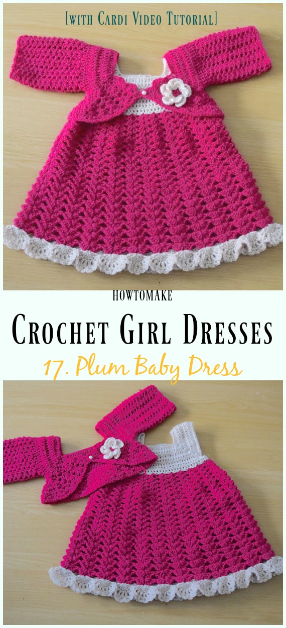 Crochet Plum Baby Dress with Cardigan Free Pattern&Video - Girl #Dress Free #Crochet Patterns