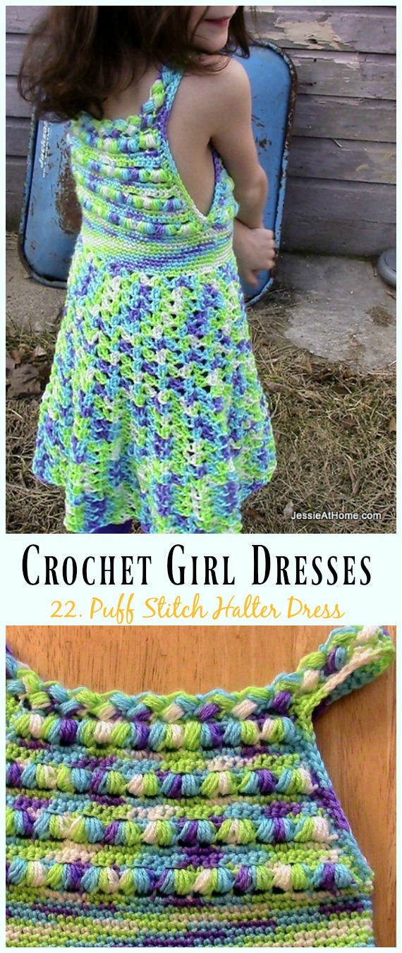 Puff Stitch Halter Dress Crochet Free Pattern - Girl #Dress Free #Crochet Patterns