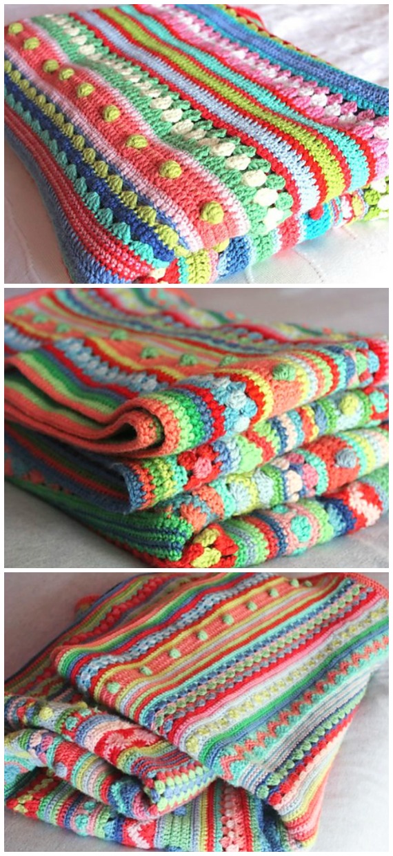 Mixed Stitch Stripey Blanket Free Crochet Pattern - Bobble & Popcorn #Blanket; Free #Crochet; Patterns