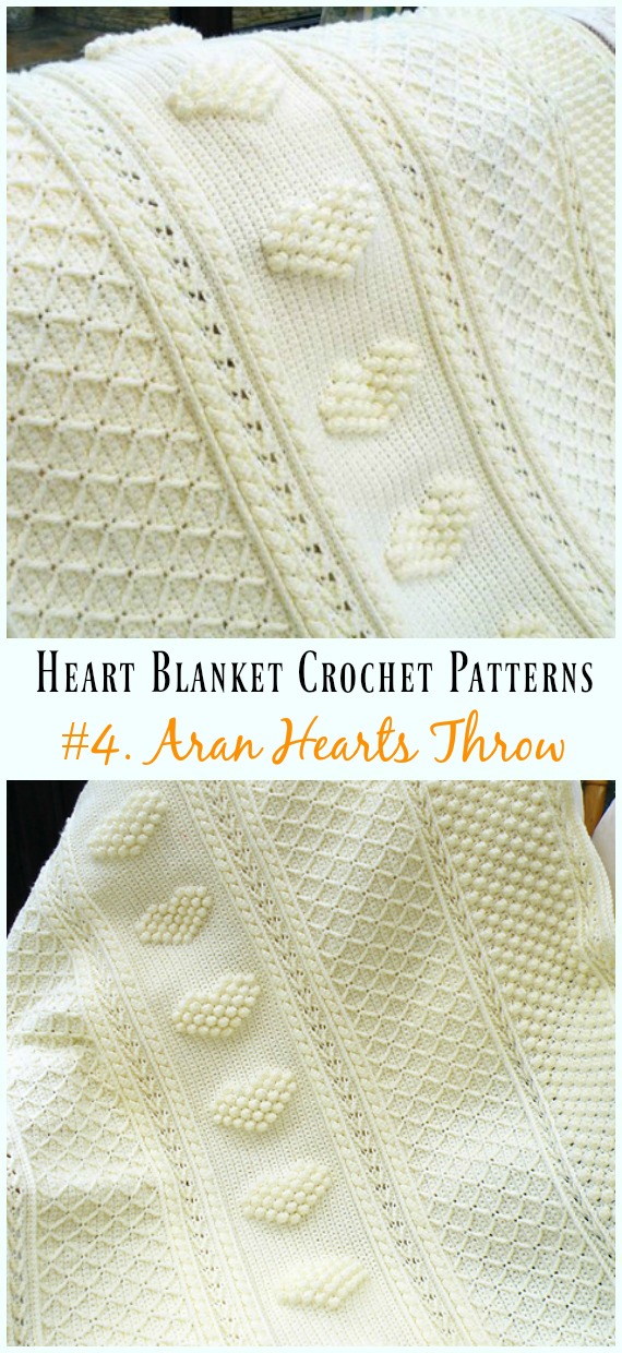 Crochet Aran Hearts Throw Blanket Free Pattern - #Heart; #Blanket; #Crochet Free Patterns