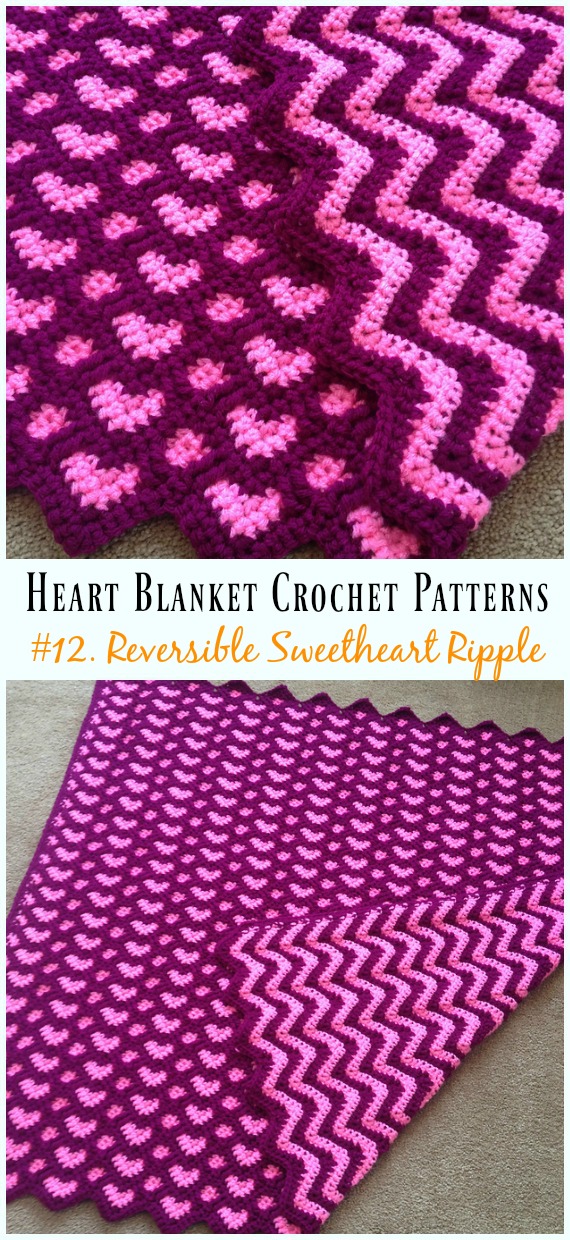 Reversible Sweetheart Ripple Blanket Crochet Pattern - #Heart; #Blanket; #Crochet Patterns