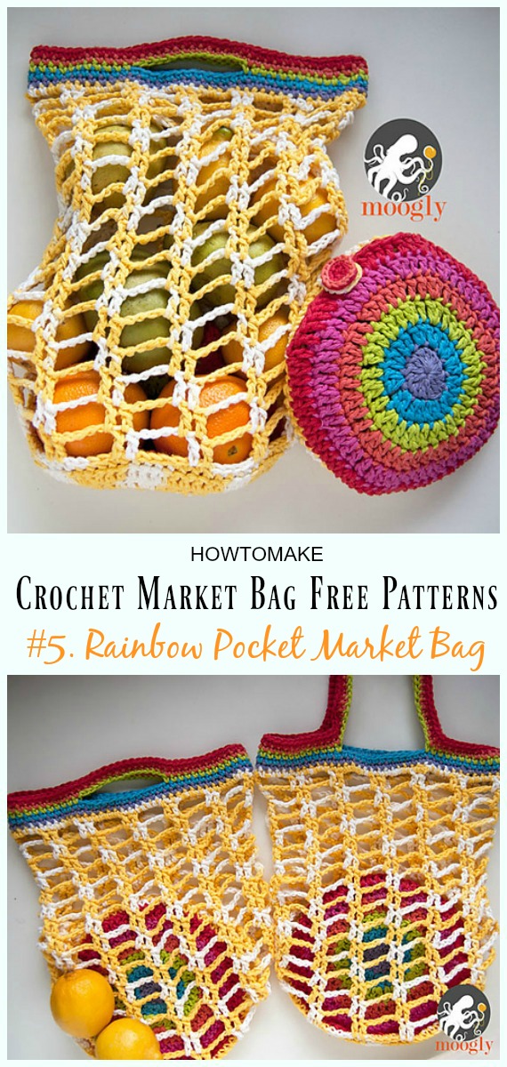 Rainbow Pocket Market Bag Crochet Free Pattern - #Crochet; Market Grocery #Bag;Free Patterns