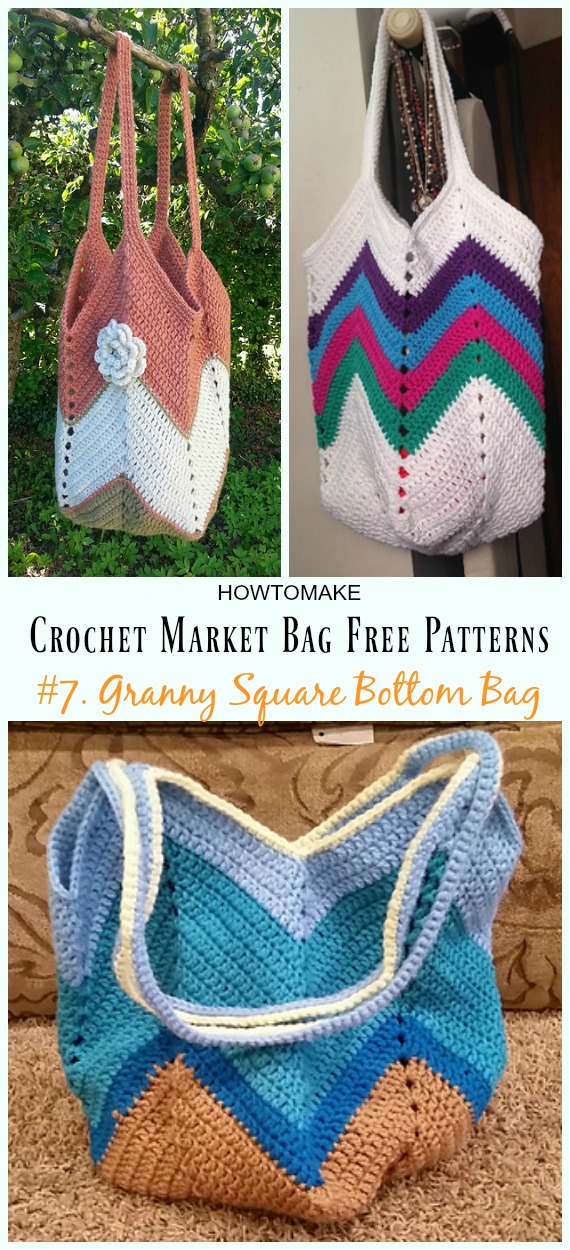 Solid Granny Square Bottom Bag Crochet Free Pattern - #Crochet; Market Grocery #Bag;Free Patterns