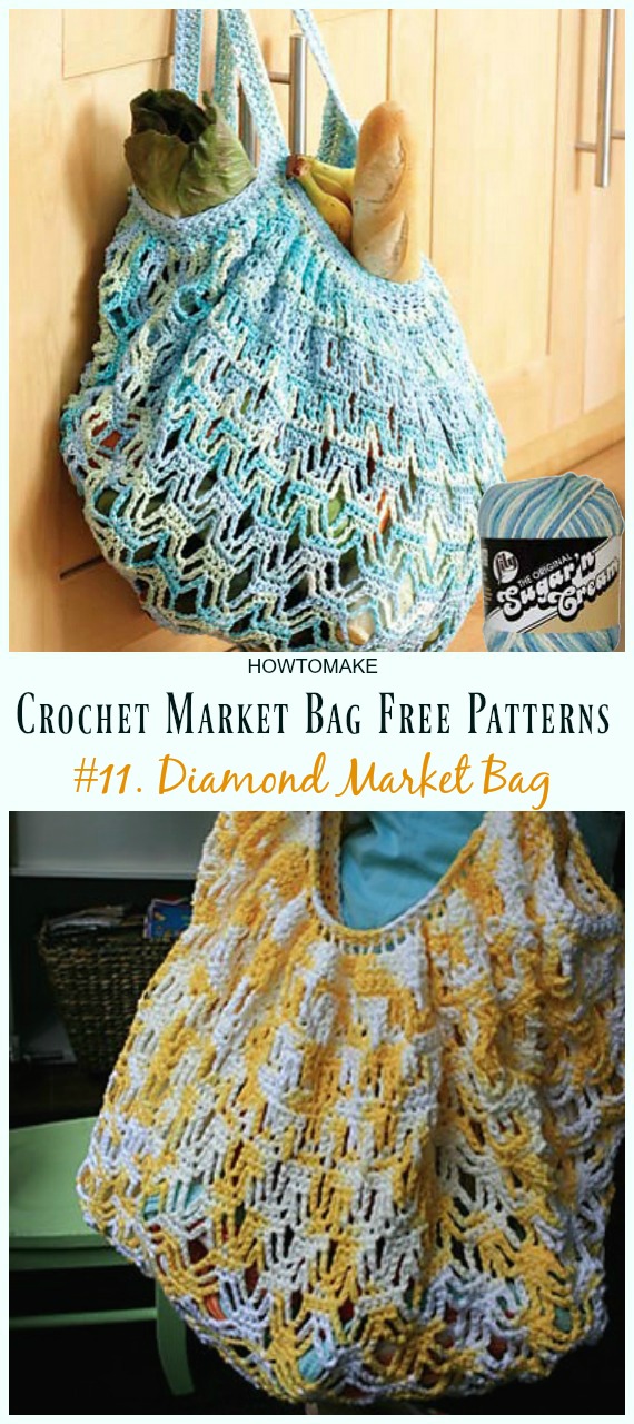 Diamond Market Bag Crochet Free Pattern - #Crochet; Market Grocery #Bag;Free Patterns