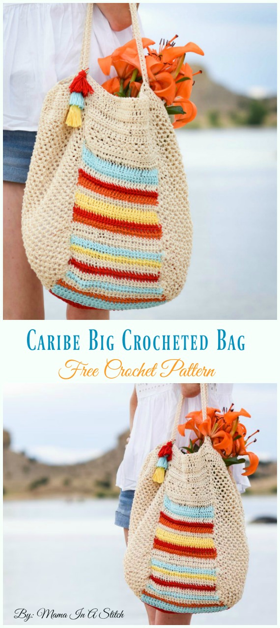 Caribe Big Crocheted Bag Crochet Free Pattern - #Crochet; Market Grocery #Bag;Free Patterns