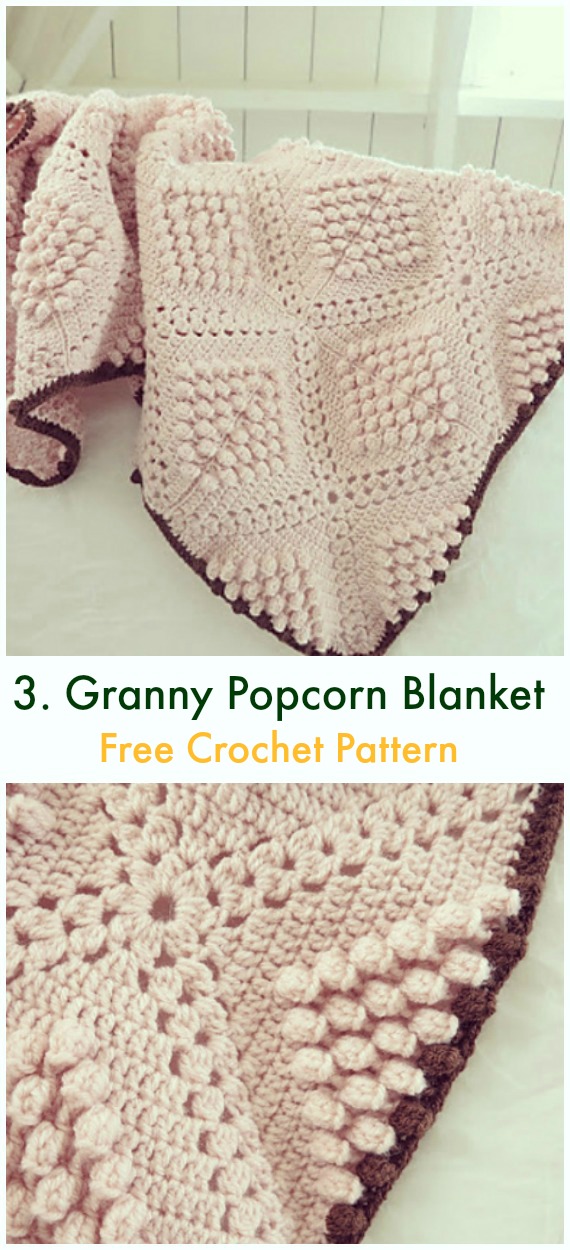 Granny Square Popcorn Blanket Free Crochet Pattern - Bobble & Popcorn #Blanket; Free #Crochet; Patterns