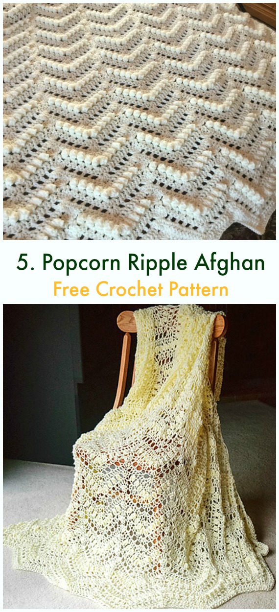 Popcorn Ripple Afghan Blanket Free Crochet Pattern - Bobble & Popcorn #Blanket; Free #Crochet; Patterns