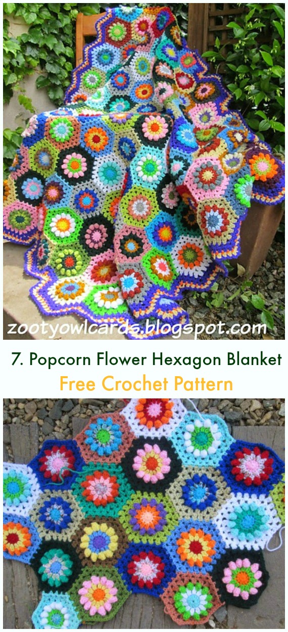 Popcorn Flower Hexagon Blanket Free Crochet Pattern - Bobble & Popcorn #Blanket; Free #Crochet; Patterns