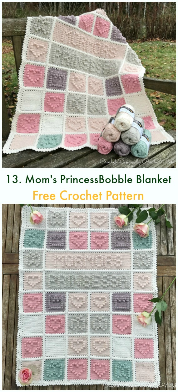 Mom's Princess Bobble Heart Blanket Free Crochet Pattern - Bobble & Popcorn #Blanket; Free #Crochet; Patterns