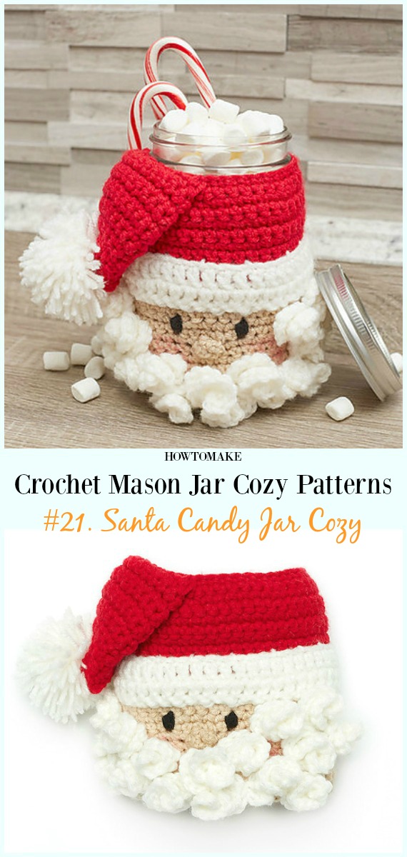 Santa Candy Jar Cosy Crochet Free Pattern- #Crochet #MasonJar Cozy Free Patterns